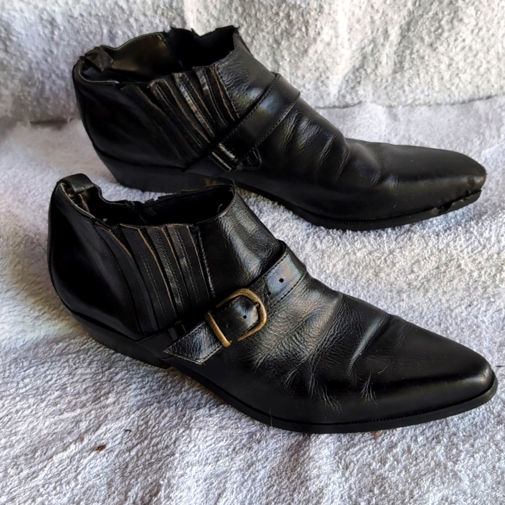 Glacee, Black Leather, Ankle Boots, with Buckle Embellishment.